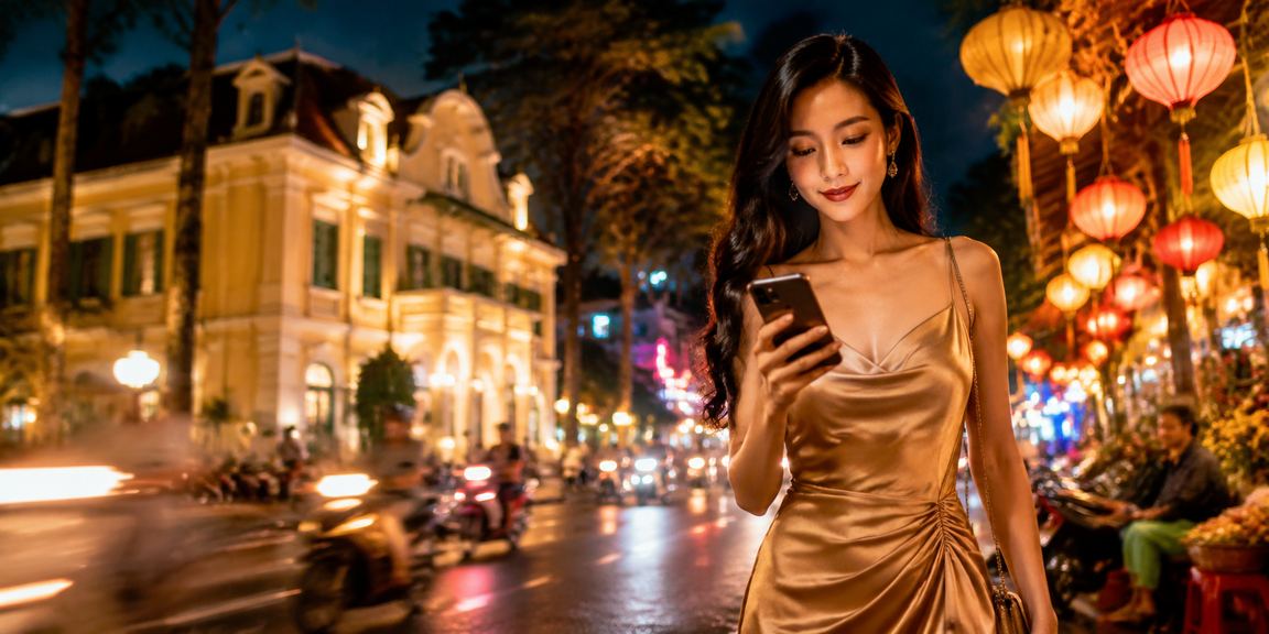 Người dùng Đà Lạt theo dõi esports tại chợ đêm với điện thoại và ánh đèn lung linh